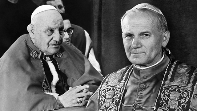 SOON-TO-BE SAINTS. The canonization dates for Popes John XXIII (L) and John Paul III (R) will be announced September 30, 2013, by Pope Francis. File photos from AFP