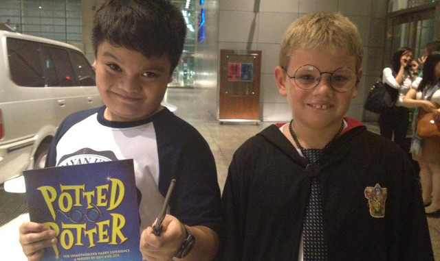 EXPECTO PATRONUM! Basti (left) with a blonde 'Harry' after 'Potted Potter' in August 2012