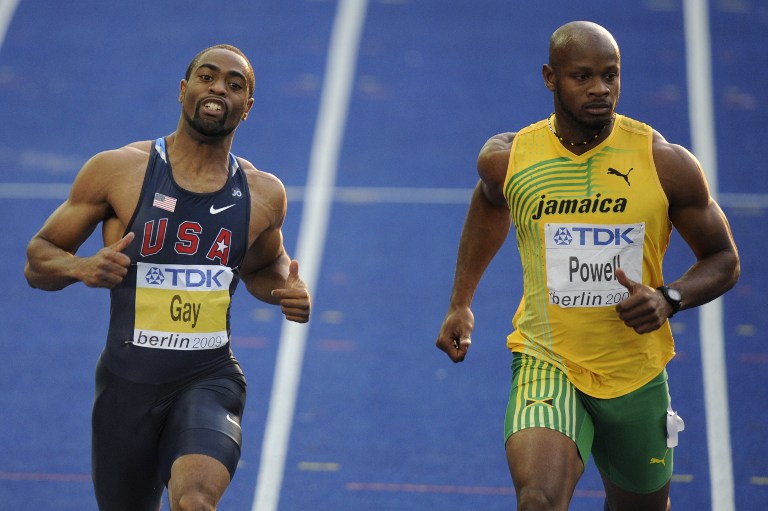 OUT OF WORLD CHAMPIONSHIPS. Photo dated August 16, 2009 shows US Tyson Gay (L) and Jamaica's Asafa Powell (R) in the men's 100m semi-final race of the 2009 IAAF Athletics World Championships in Berlin. AFP / Thomas Lohnes