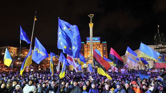 MASSIVE RALLY. People shout slogans and wave Ukrainian and European Union flags during an opposition rally at Independence Square in Kiev on December 2, 2013. File photo by Genya Savilov / AFP