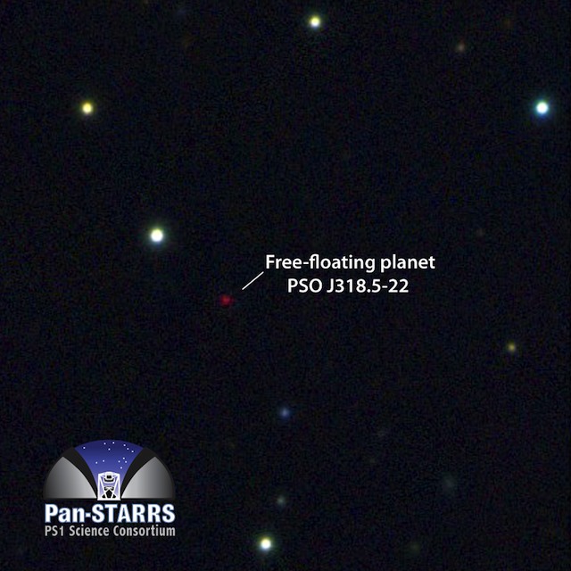FREE-FLOATING PLANET. Multicolor image from the Pan-STARRS1 telescope of the free-floating planet PSO J318.5-22, in the constellation of Capricornus. The image is 125 arcseconds on a side. Image courtesy N. Metcalfe & Pan-STARRS 1 Science Consortium/Institute for Astronomy, University of Hawaii