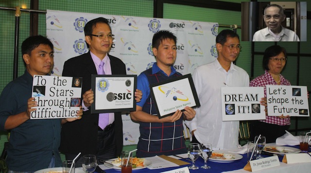 The backers of House Bill 6725 during a press conference in December 2012: (L-R) Mr. Bamm Gabriana (mathematician and astronomy teacher, Rizal Technological University), Dr. Edgardo Aban (Remote Sensing Expert, University of Brunei Darussalam), Dr. Custer Deocaris (Professor of astrobiology, RTU), Dr. Jesus Rodrigo Torres (President, RTU) and Dr. Merle Tan (Former Director of UP-National Institute for Science and Mathematics Education Development) (Inset: Fr. Victor Badillo, SJ, astrophysicist and former Director of the Manila Observatory, who gave his supporting statement for the Philippine Space Agency Bill.) Photo courtesy of Ruby dela Cruz.