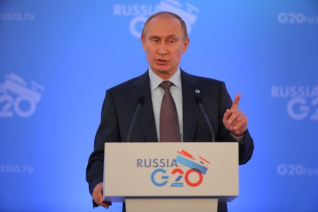 PUTIN TALKS. Russian President Vladimir Putin gestures during a press conference at the G20 Summit in St. Petersburg, Russia, 06 September 2013. EPA/Anatoly Maltsev