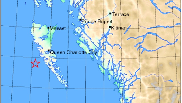 Location of the epicenter of the magnitude 7.7 quake off British Columbia, Canada, 27 October 2012. Map courtesy of Natural Resources Canada.