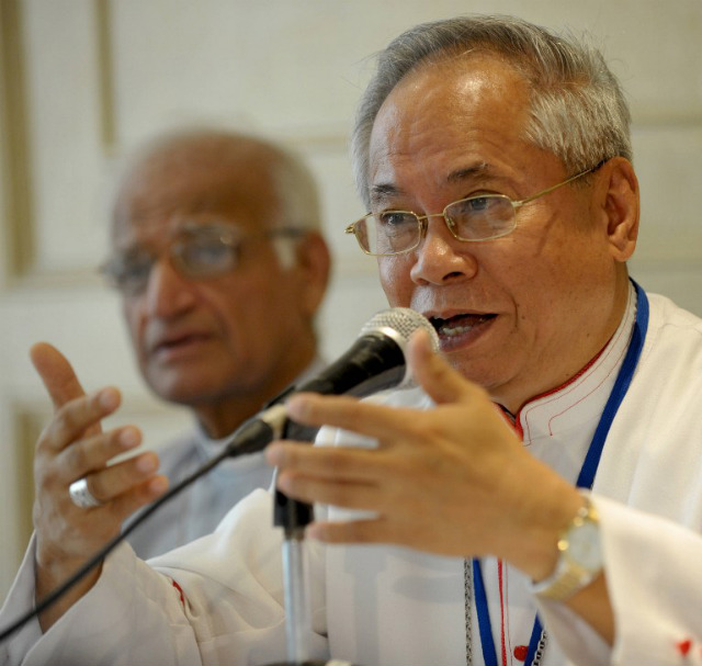 MINDANAO'S 1ST CARDINAL. Cotabato Archbishop Orlando Quevedo, then secretary-general of the Federation of Asian Bishops' Conferences, gestures as he speaks during a press briefing at the Pope Pius XII Catholic Center in Manila on Aug 15, 2009. File photo by Jay Directo/AFP