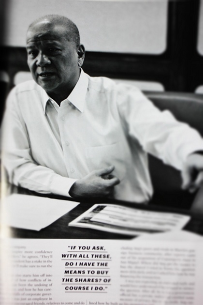 STRAIGHT ANSWERS. 58-year-old businessman Ramon Ang sat down for an exclusive interview with Esquire, finally revealing how he funded his large purchase of San Miguel shares in June. Photo of Esquire article by Adrian Portugal.