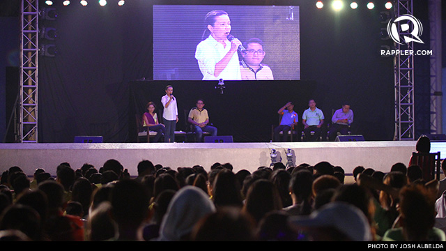 GRACE POE. The daughter of late action star and former presidential candidate Fernando Poe Jr addresses the crowd at the Rappler Debate in Quezon City. Photo by Rappler/Josh Albelda