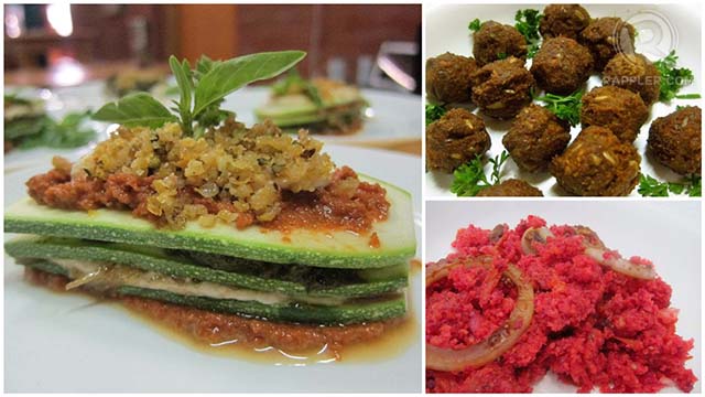 HEALTHY SELECTION. Clockwise from left: Raw lasagna, 'not-meatballs,' and mock corned beef, all vegan and raw, prepared at Asha Peri’s workshops. Photos from Dahon Kusina