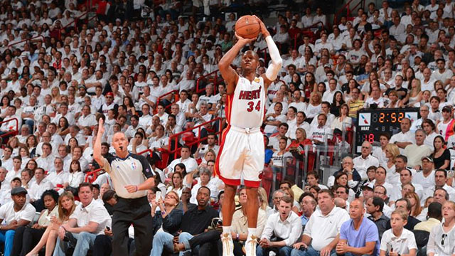 TAKING CHARGE. With LeBron James unable to find his scoring touch, Ray Allen was one of the Heat who stepped up offensively to level the finals series with the Spurs in Game 2. Photo from NBA's Facebook page.