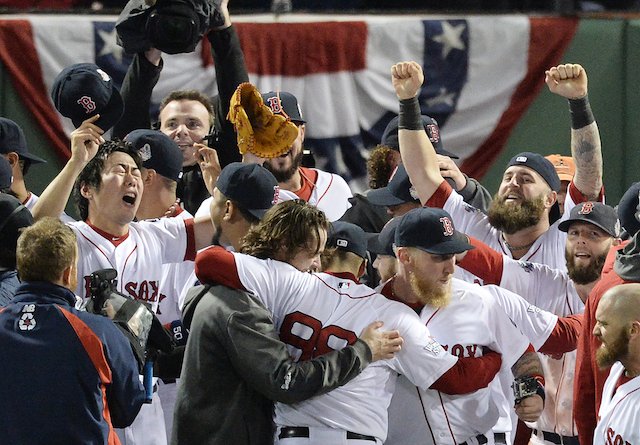 NUMBER EIGHT. Boston Red Sox players celebrate after the Red Sox defeated the Cardinals in game six of the 2013 Major League Baseball World Series to win the World Series four games to two at Fenway Park in Boston, Massachusetts, USA, 30 October 2013. EPA/Jason Szenes