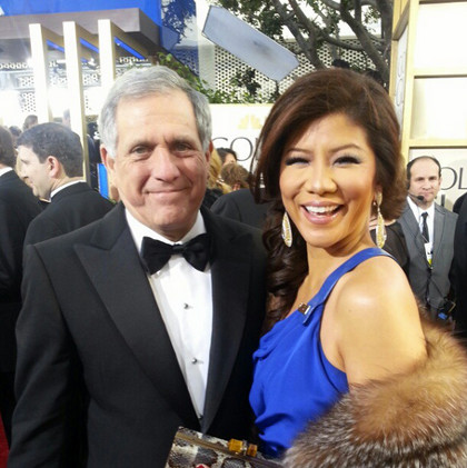Julie Chen (right) in royal blue, with husband Leslie Moonves