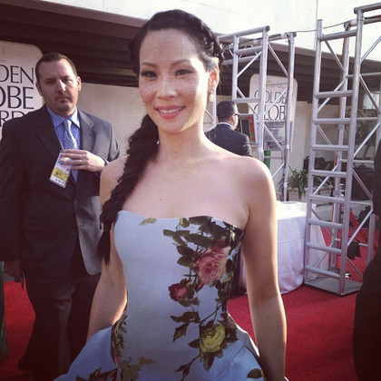 Lucy Liu in refreshing floral sky blue