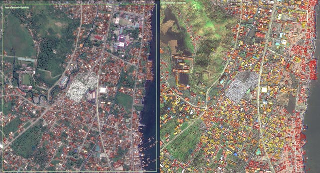 BEFORE AND AFTER. An area in Tacloban City before (L) and after (R) Super Typhoon Yolanda (Haiyan), in maps released by the Copernicus Emergency Management Service (EMS) November 11, 2013. The color-coded gradings indicate destroyed (red), highly affected (orange), moderately affected (yellow-orange), and possibly affected (yellow) structures or areas. Images © European Union, 2013 