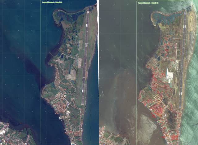 BEFORE AND AFTER. The peninsula where the Tacloban airport is located before (L) and after (R) Super Typhoon Yolanda (Haiyan), in maps released by the Copernicus Emergency Management Service (EMS) November 11, 2013. The color-coded gradings indicate destroyed (red), highly affected (orange), moderately affected (yellow-orange), and possibly affected (yellow) structures or areas. Images © European Union, 2013 