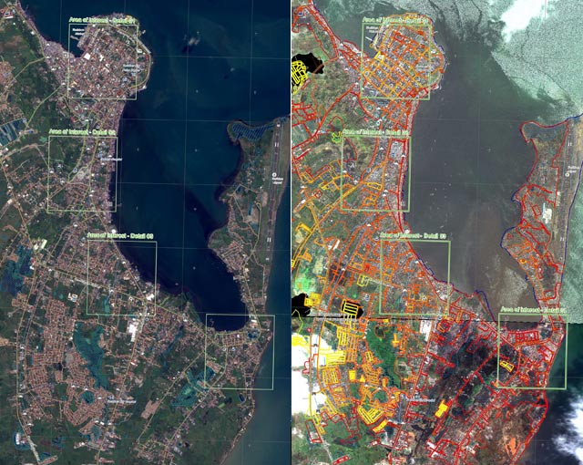 BEFORE AND AFTER. A general overview of Tacloban City's downtown and airport areas before (L) and after (R) Super Typhoon Yolanda (Haiyan), in maps released by the Copernicus Emergency Management Service (EMS) November 11, 2013. The color-coded gradings indicate destroyed (red), highly affected (orange), moderately affected (yellow-orange), and possibly affected (yellow) structures or areas. Images © European Union, 2013 