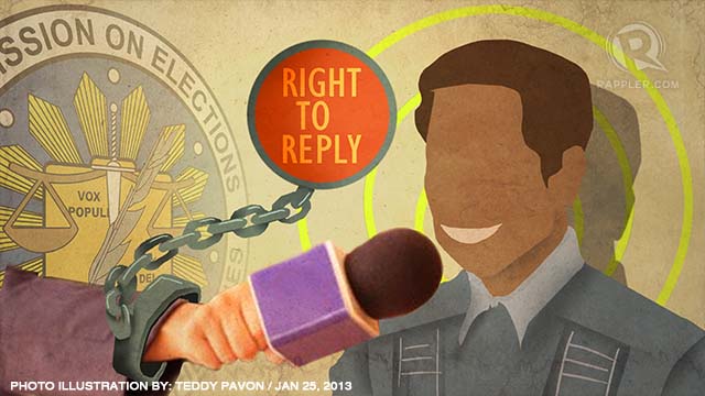 'RIGHT TO REPLY.' The Comelec's new rule may impinge on editorial judgment, journalists fear. Photo illustration by Teddy Pavon