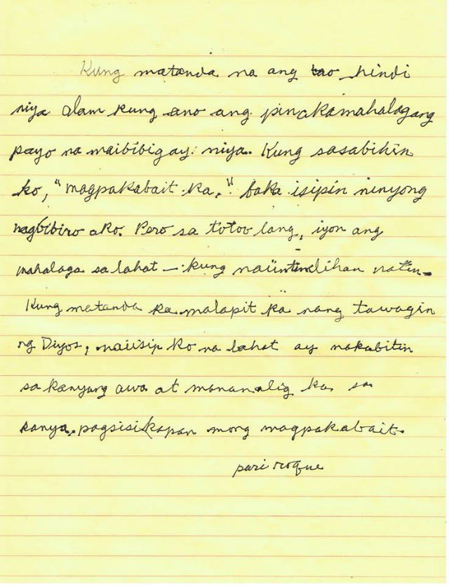 NUGGET OF WISDOM. Fr Roque Ferriols, SJ, makes this handwritten note for graduating Ateneo students in 2008. File photo courtesy of Henson Wongaiham