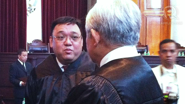 PETITIONER. Harry Roque and Solicitor General Jardeleza during the cybercrime law SC oral arguments. Photo by Ayee Macaraig.