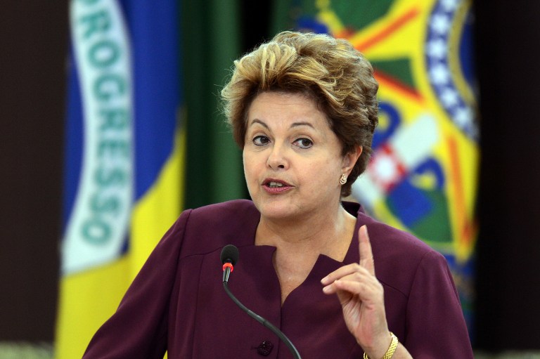 Brazilian President Dilma Rousseff delivers a speech during a ceremony at Planalto Palace in Brasilia, on June 18, 2013. Photo by AFP/Evaristo Sa
