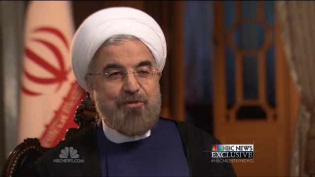 NO NUKES. Iranian President Hassan Rowhani tells NBC News in an interview aired September 18, 2013, that they will never seek nuclear weapons. Here, Rowhani speaks during the interview with anchor Ann Curry. Framegrab courtesy NBC News