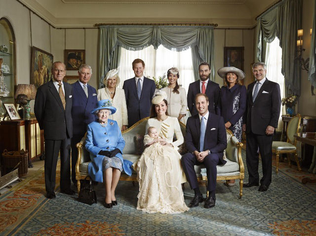 FAMILY PHOTO. The official portrait for the christening of Prince George of Cambridge. (back row, L-R) The Duke of Edinburgh, Prince Charles, Camilla, The Duchess of Cornwall, Prince Harry of Wales, Pippa, James, Carole and Michael Middleton. (front row, L-R) Queen Elizabeth II, Catherine, Duchess of Cambridge carrying Prince George and William, Duke of Cambridge. AFP PHOTO/CAMERA PRESS LIMITED/JASON BELL