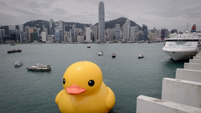 'RUBBER DUCKIE, YOU'RE THE ONE' The 16.5-meter-tall inflatable Rubber Duck art installation is seen at the Victoria Harbour in Hong Kong on May 2, 2013. The inflatable duck by Dutch artist Florentijn Hofman will be on display in the former British colony until June 9. AFP PHOTO / Philippe Lopez