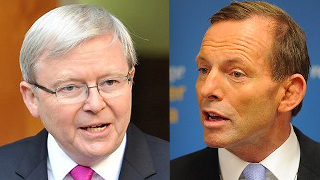 File photos of Rudd (L) photo by AFP; Abbott (R) photo by EPA/Dave Hunt