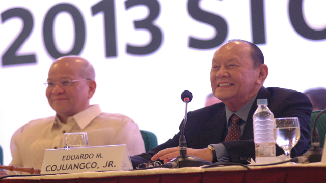 San Miguel chairman Eduardo Cojuangco Jr. (R) and president Ramon Ang at the diversified conglomerate's annual stockholders' meeting in 2013. Photo courtesy of San Miguel
