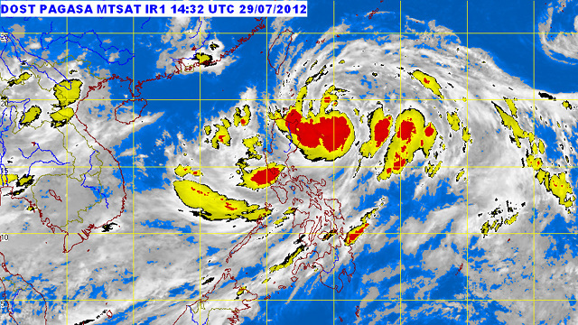 MTSAT Enhanced-IR Satellite Image of tropical storm Gener (international codename Saola) and the new low pressure area as of 10:32 p.m., 29 July 2012. Image courtesy of Pagasa