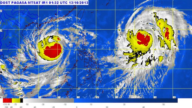 TWIN TYPHOONS. Typhoons Nari (L) and Wipha (R) as seen in this MTSAT ENHANCED-IR Satellite Image 9:32 a.m., 13 October 2013. Image courtesy PAGASA