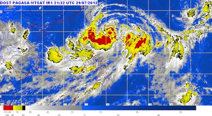 MTSAT Enhanced-IR Satellite Image of tropical storm Gener (international codename Saola) as of 4:32 a.m., 30 July 2012. Image courtesy Pagasa