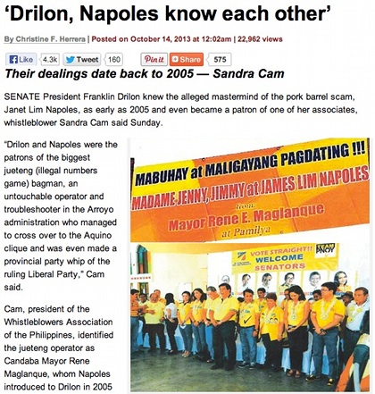 A screenshot of the Manila Standard article and the photo Cam provided showing Drilon with Maglanque in an LP campaign sortie, and a separate photo of a streamer Maglanque put up welcoming the Napoles family 