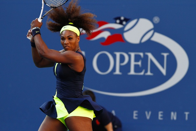 ON HER WAY TO #15. Serena Williams hits a backhand against Victoria Azarenka during the Women's Final of the 2012 US Open. Photo by Philip Hall/USTA