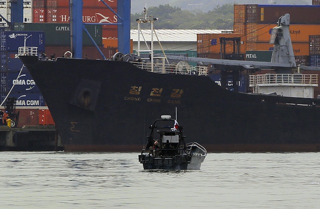 CONTROVERSIAL SHIP. View of the bow of the North Korean-flagged cargo ship Chon Chong Gang which remains docked at the pier of Manzanillo in Colon, Panama, on 16 July 2013. EPA/Alejandro Bolivar