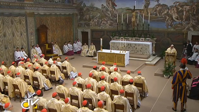 CARDINAL ELECTORS. Pope Francis presides over a Mass with 114 other cardinals who joined the conclave. Screen grab from youtube.com/vatican