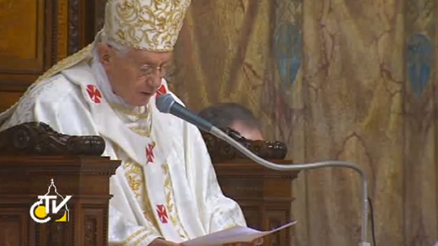 BENEDICT'S STYLE. The pope emeritus used to deliver homilies sitting down, reading a script. Screen grab from youtube.com/vatican