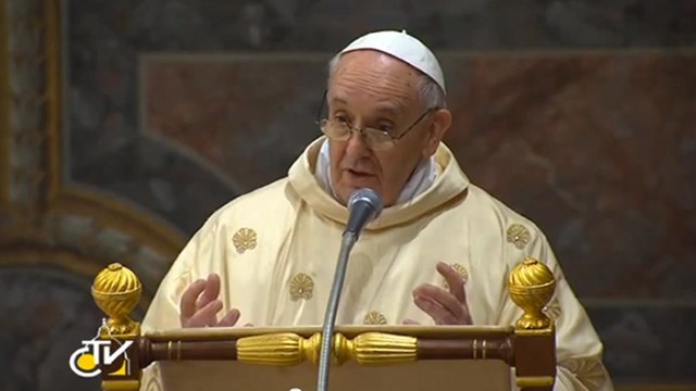 FIRST HOMILY. Pope Francis delivers an unscripted first homily Friday morning. Screen grab from youtube.com/vatican