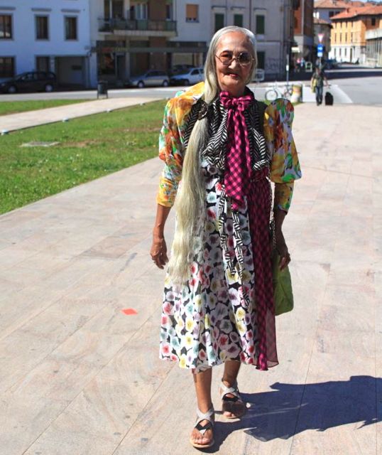CLASHING PRINTS. Lilia Cuntapay pulls of a Vivienne Westwood-ish get-up in Udine, Italy. Image from the movie's Facebook page