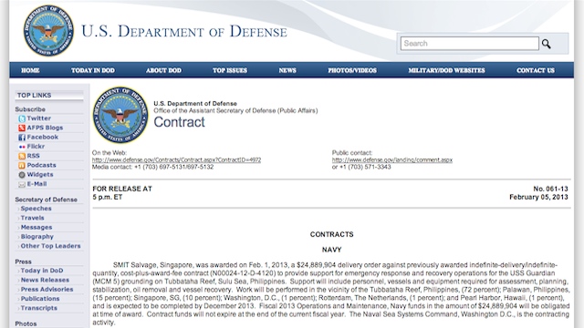 COSTLY SALVAGE. The US Department of Defense published the contract details on its own website, as mandated by US law when private contractors as involved. Screenshot from DOD website