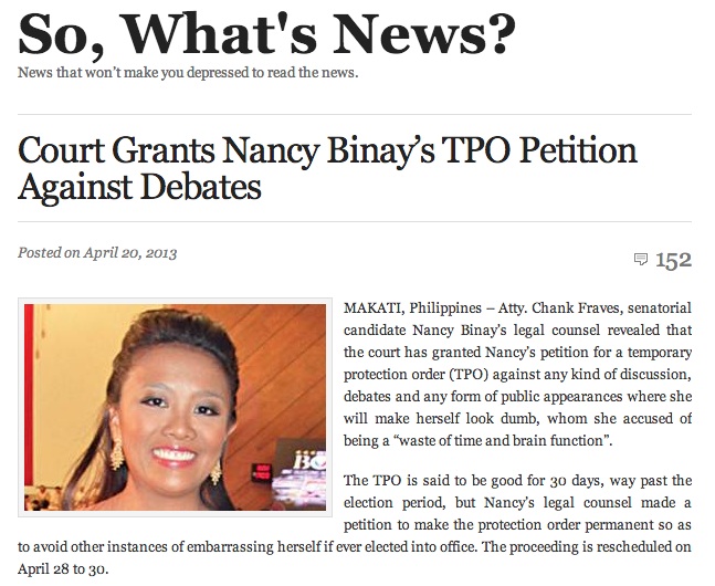‘NOT TRUE.’ Nancy Binay says her fear is that people think the satirical posts about her and her children are true. Screenshot of ‘So, What’s News?’