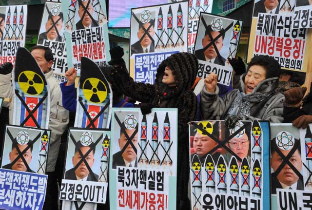 SEOUL, South Korea - Activists from an anti-North Korea civic group shout slogans during a protest against North Korean nuclear test in Seoul on February 12, 2013. North Korea staged its most powerful nuclear test yet, claiming a breakthrough with a "miniaturised" device in a striking act of defiance to global powers including its sole patron China. AFP/Kim Jae-Hwan
