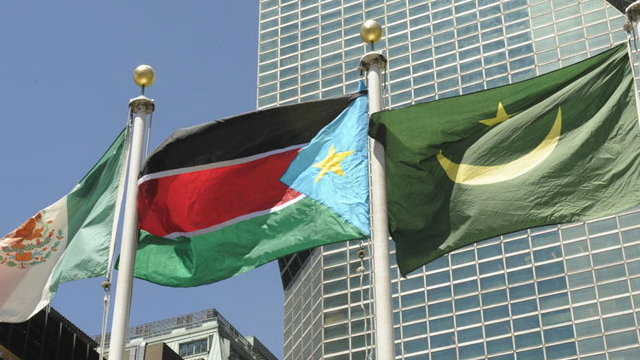 NEWEST UN MEMBER. The flag of South Sudan (middle) flutters along with other UN member countries in front of the UN headquarters in New York City. Photo from UN.org
