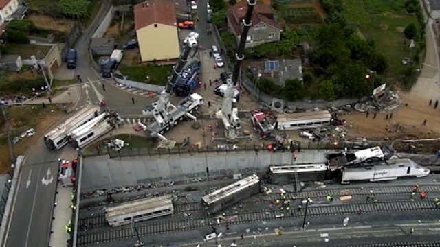 CRASH SCENE. A handout picture provided by the Aeromedia company on 25 July 2013 showing an aerial view of the site of the train accident near Santiago de Compostela, northwestern Spain, 25 July 2013. Photo by EPA/Aeromedia/Handout
