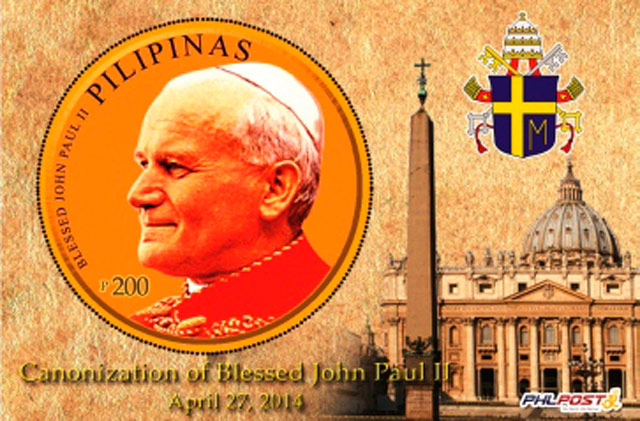 COMMEMORATIVE STAMP. The Philippine Postal Corporation will issue 10,000 pieces of special gold-foiled stamps of Pope John Paul II beginning Monday, April  28, 2014.