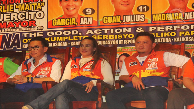 DYNASTY ON THE RISE. Gov. ER Ejercito and Board Member Aspirant Gerald Ejercito flanks Mayor Maita Ejercito during the last UNA sortie in Pagsanjan, Laguna. Photo by Ulderico B. Alviola