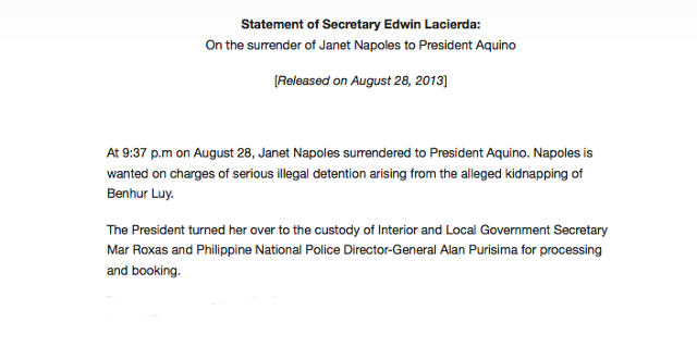 Screengrab from http://www.gov.ph/2013/08/28/statement-the-presidential-spokesperson-on-the-surrender-of-janet-napoles/