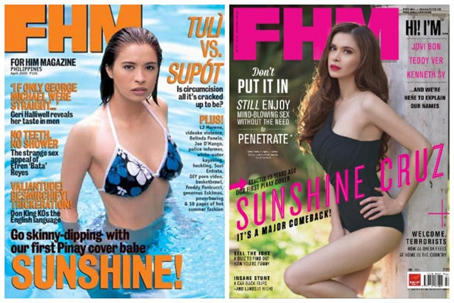 THEN AND NOW. Sunshine Cruz on the cover of FHM Philippines at (left) 22 years old and at (right) 35 years old. Image from the Sunshine Cruz Facebook page