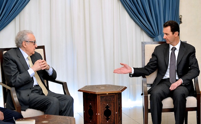 DAMASCUS MEETING. Syrian President Bashar Assad (R) meets with the UN-Arab League envoy to Syria Lakhdar Brahimi (L), in Damascus, Syria, 30 October 2013. EPA/SANA/Handout