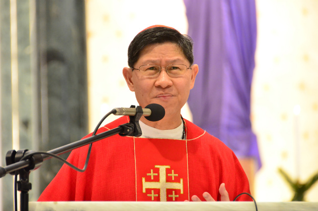 EXAMINING PRIORITIES. Manila Archbishop Luis Antonio Cardinal Tagle says his first Palm Sunday Mass at the reopened Manila Cathedral on April 13, 2014. Photo by Noli Yamsuan/Archdiocese of Manila