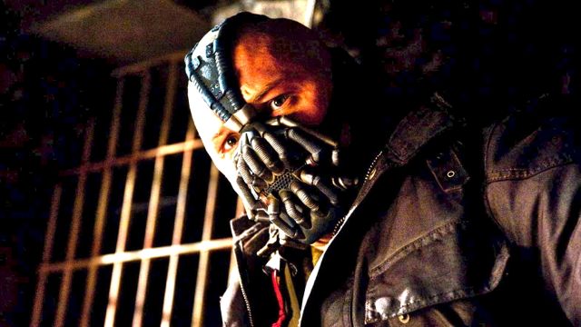 THIS MAN’S A GAS. Tom Hardy is in-your-face as the nefarious Bane